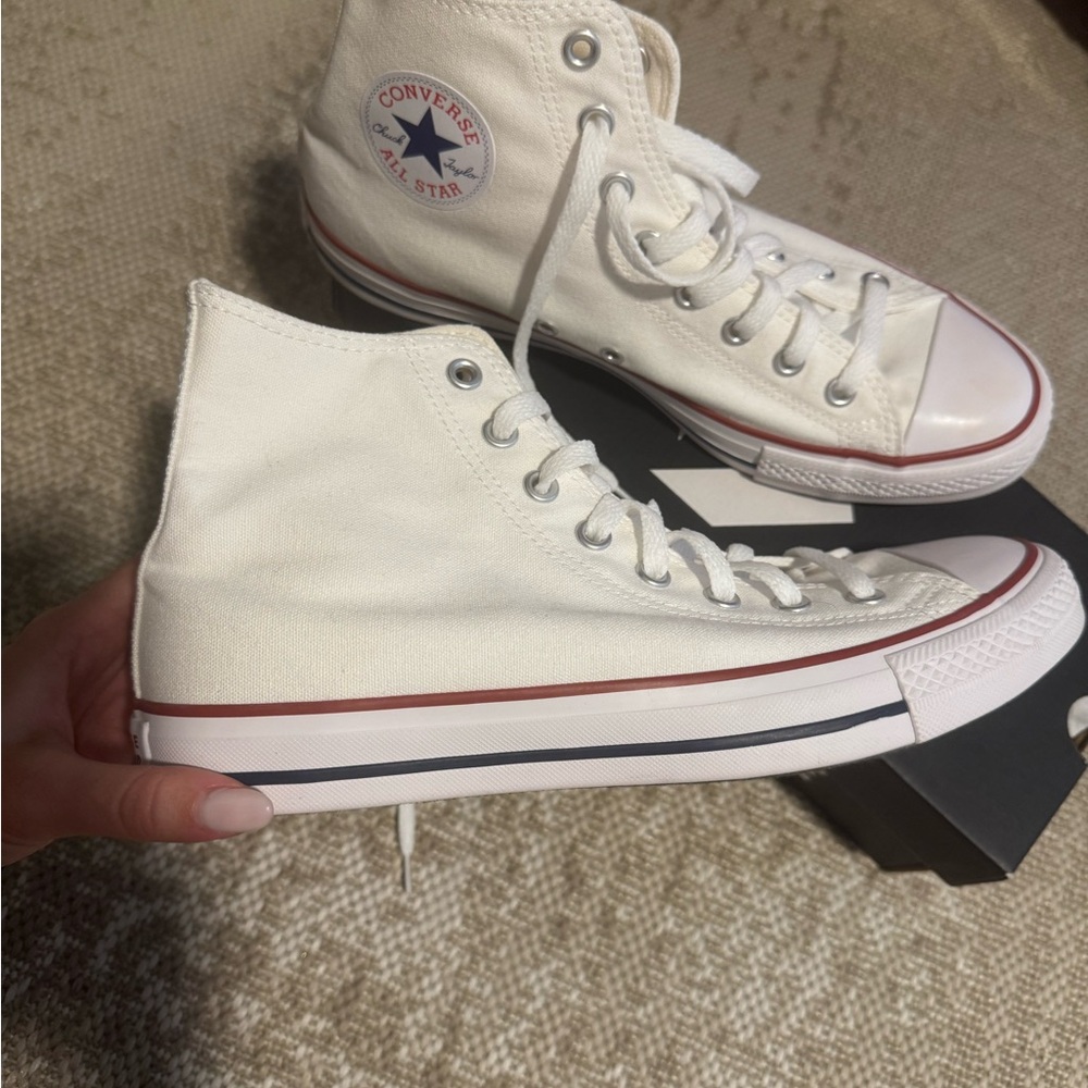 Converse White High-Tops with Red and Blue Stripes